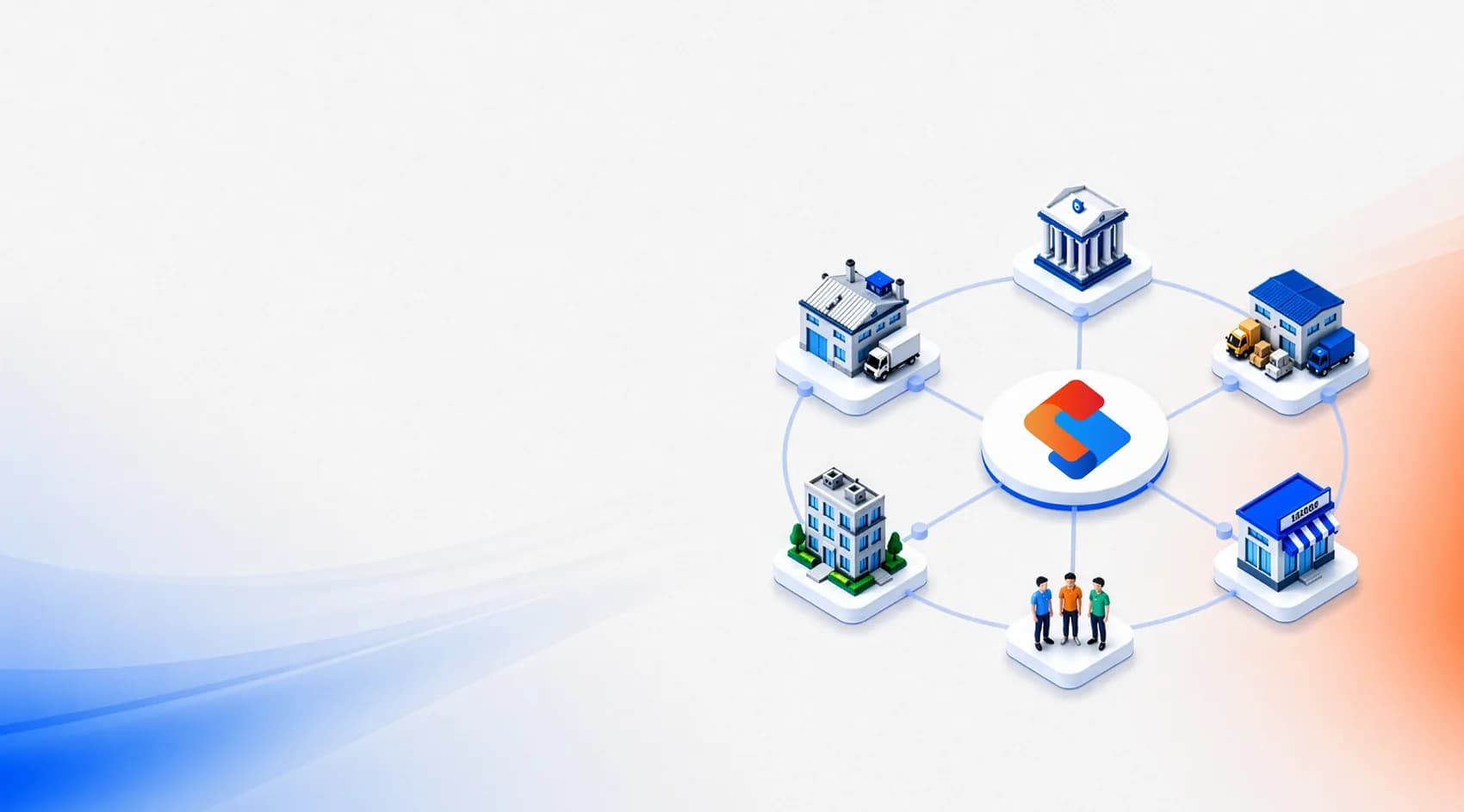 Ilustrasi ekosistem SPEconnect: gedung-gedung mitra terhubung ke hub logo SPEconnect, dikelilingi tiga orang yang merepresentasikan mitra bisnis